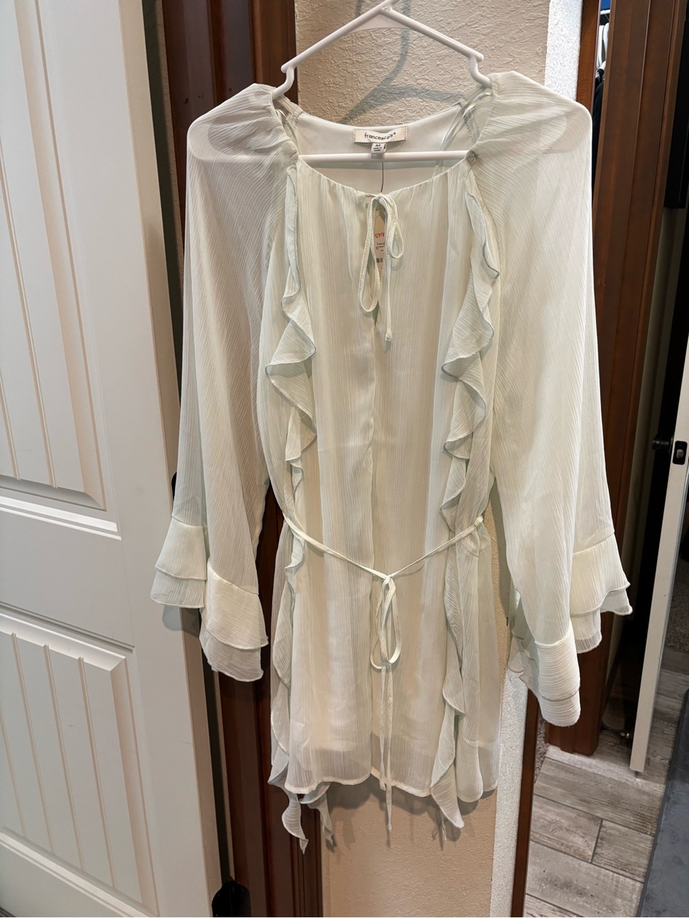 Francesca's Collections Mint Ruffle Tie-Waist Long Sleeve Dress